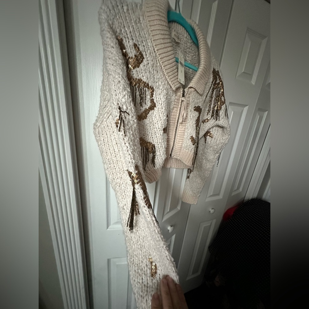 RARE ANTHROPOLOGIE NWT Sequin Cropped Cardigan Sweaterin Neutral-Size XS - Picture 8 of 13